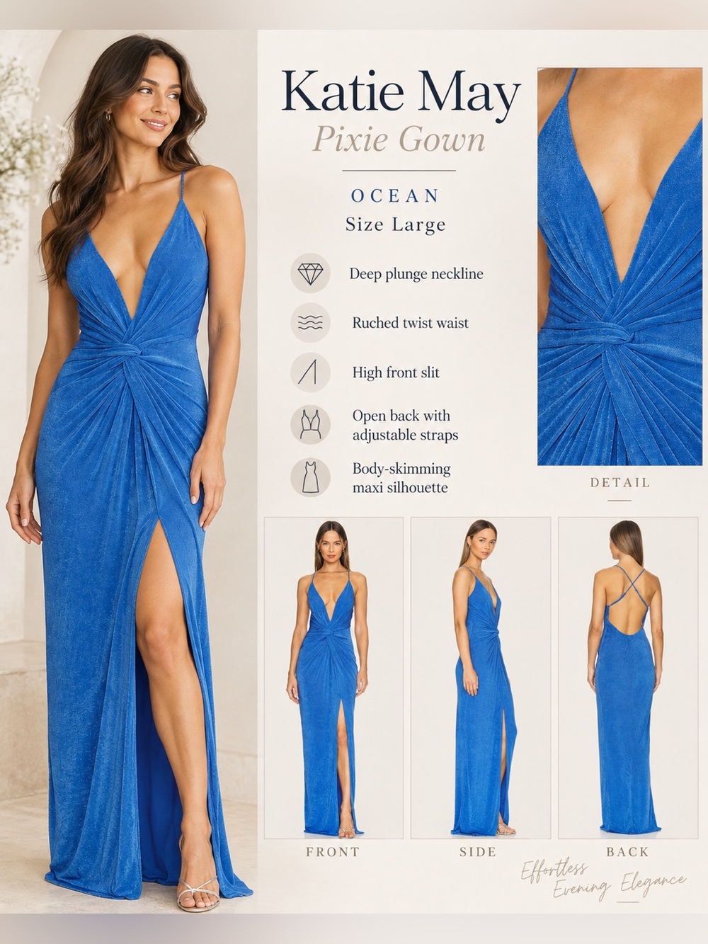 Katie May Pixie Gown Ocean Blue Ruched Plunge Maxi Dress Size Large NWOT